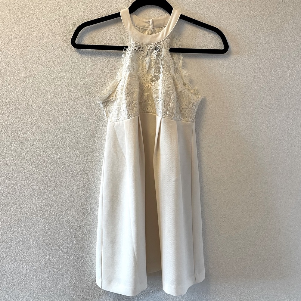 BCBG Size 0 Off White High Neck Lace Mini Dress